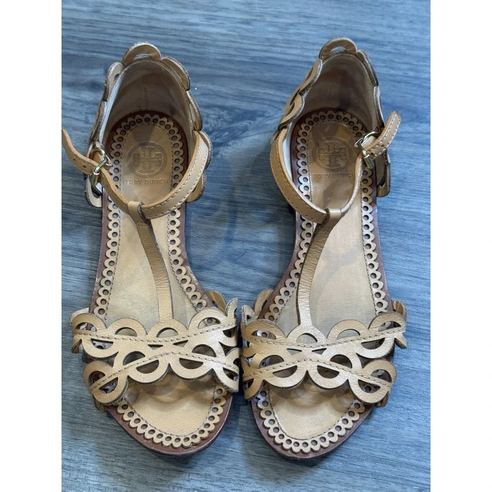 Tory Burch Aileen Flat Sandals Sz 5 Tan Scallop Boho Resort Leather Euro Summer